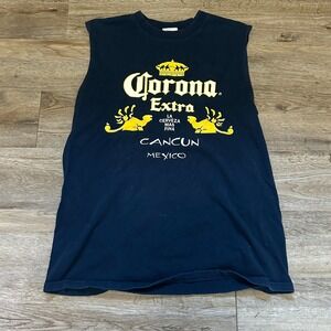 Corona Extra Cancun Mexico Mens Sleeveless Muscle T-Shirt Navy Blue Large 0764